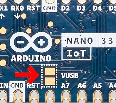 Detalle del pin VUSB de Arduino Nano 33 IoT