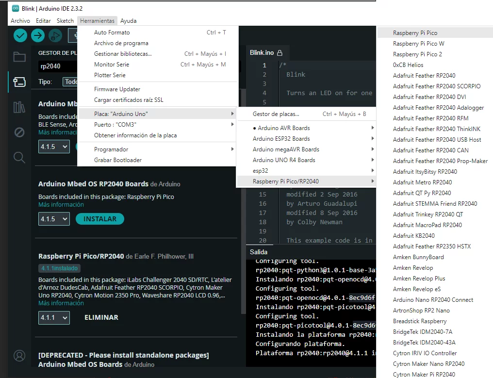 Selección de placa Raspberry Pi Pico en Arduino IDE