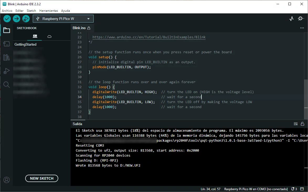 Raspberry Pi Pico W Blink en Arduino